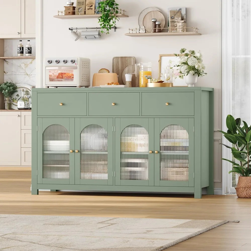 Buffet Cabinet with Storage, 55.1" Large Sideboard Buffet, Farmhouse Kitchen Cabinet with 3 Drawers and 4 Doors, Green