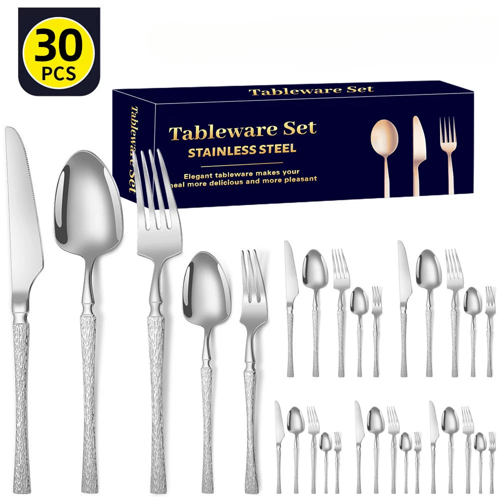 30pcs Hammer Pattern Small Waist Stainless Steel Steak Knife Fork and Spoon Creative Western Style Fork and Spoon Tableware Set