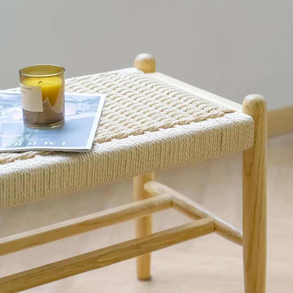 Solid Wood Entryway Bench – Rustic Oak Shoe Storage with Woven Design