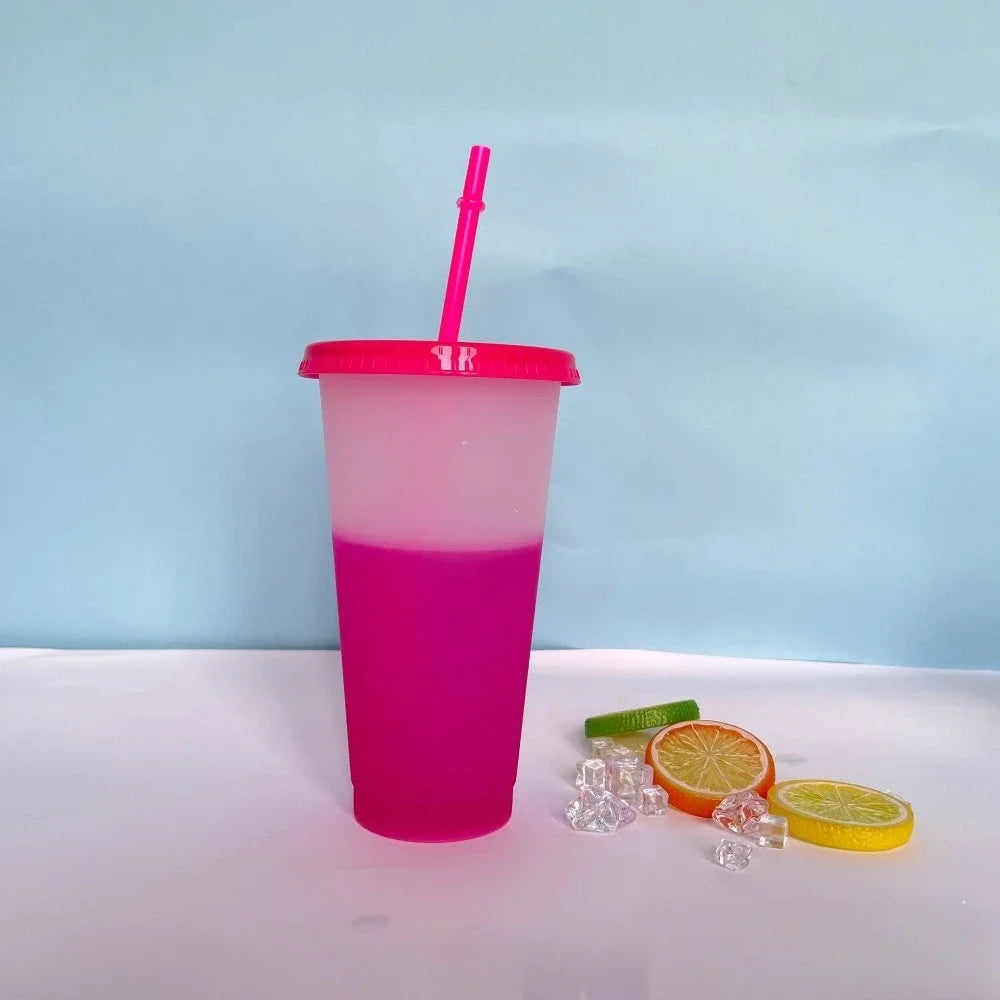 New 24oz 10Pcs Color Changing Cups with Lids and Straws 710ml Plastic Tumblers Cute Iced Coffee Cup Reusable Cups Bulk