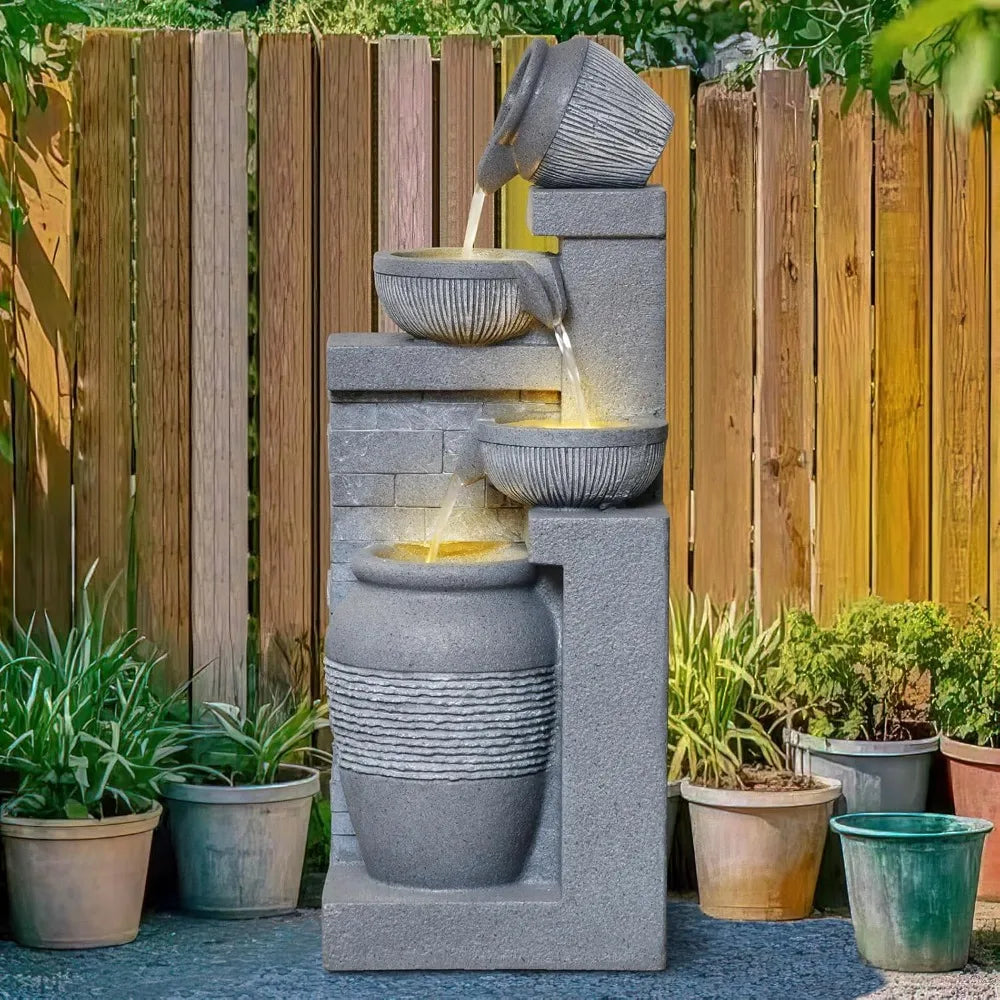 Outdoor Garden Water Fountain with Lights 4 Tiers Cascading Large Waterfall Floor Standing Fountain for Patio, Backyard