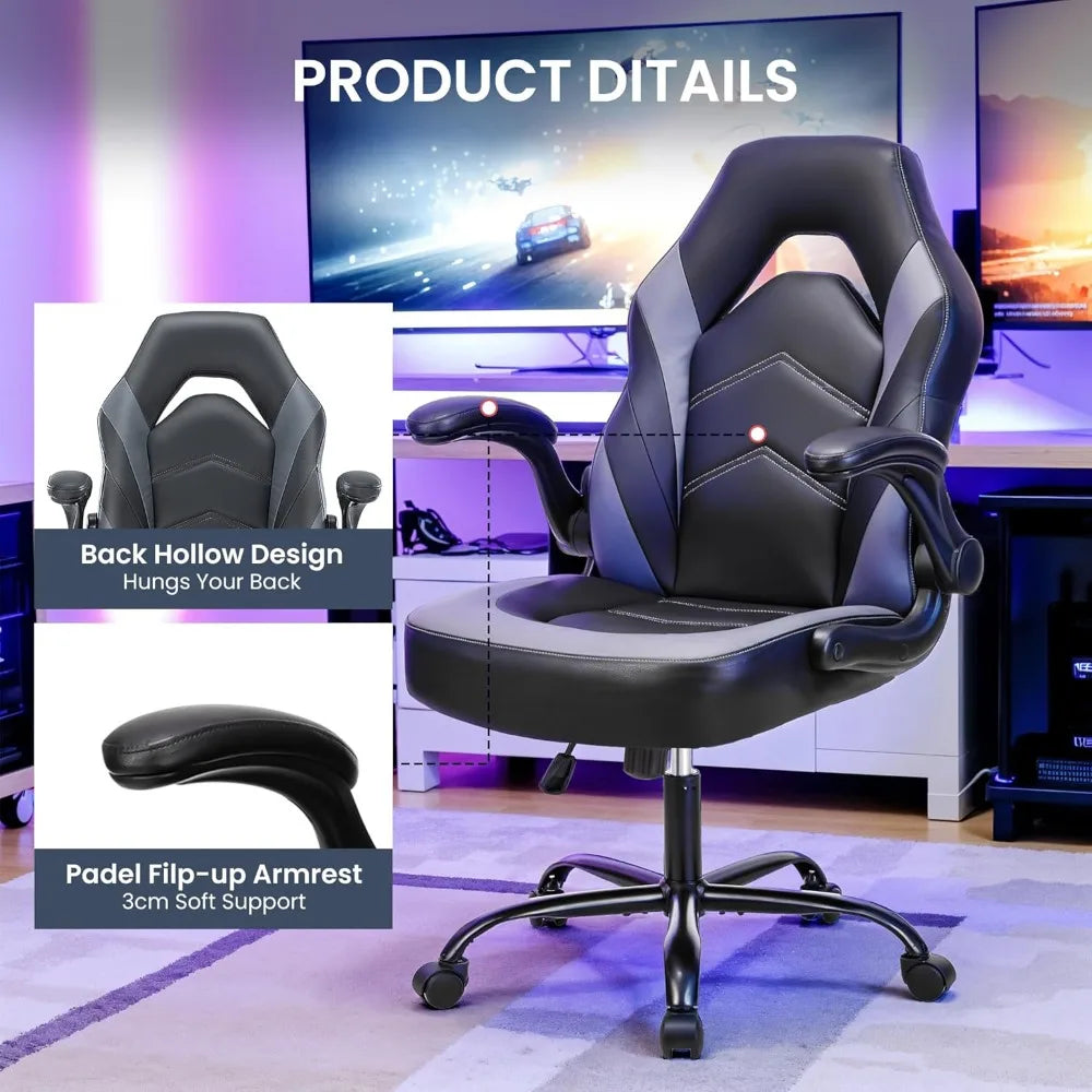 Ergonomic Gaming Desk Chair - Adjustable PU Leather Swivel Racing Chair with Flip-up Armrests for Home Office and Entertainment,