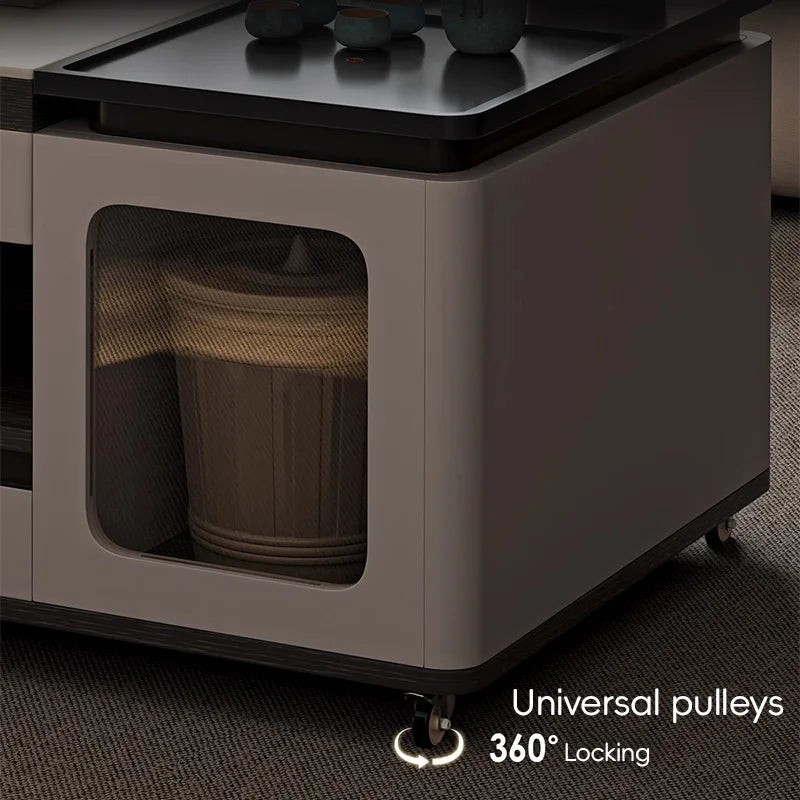 All-in-One Mobile Tea Table with Casters – Modern Coffee Table with Hidden Storage