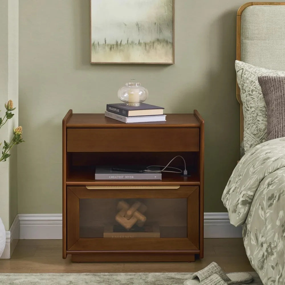 Mid-Century Modern Nightstand with Integrated Charger Station and Outlet Access, Glass-Front Drawers Wood Side Table for Bedroom