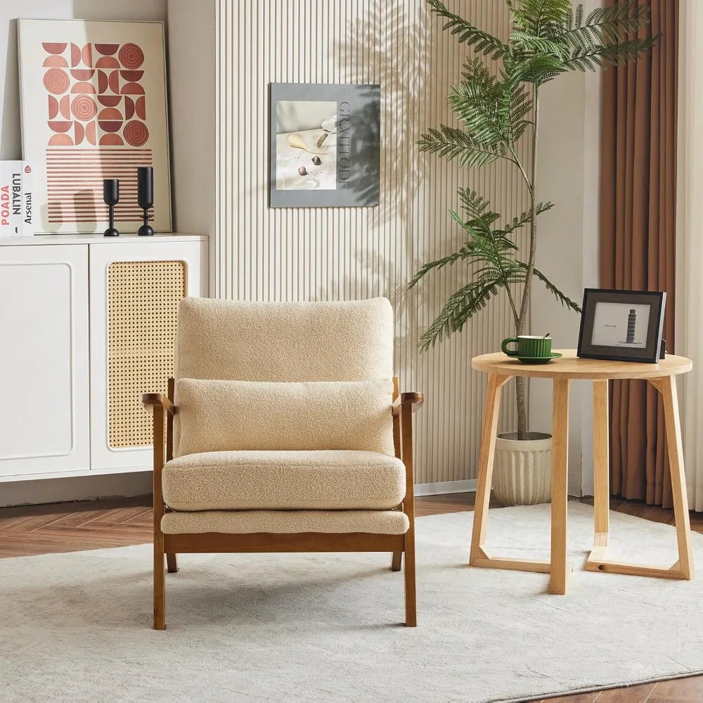 Mid-Century Lounge Accent Chair – Teddy Fleece Armchair with Wide Armrests