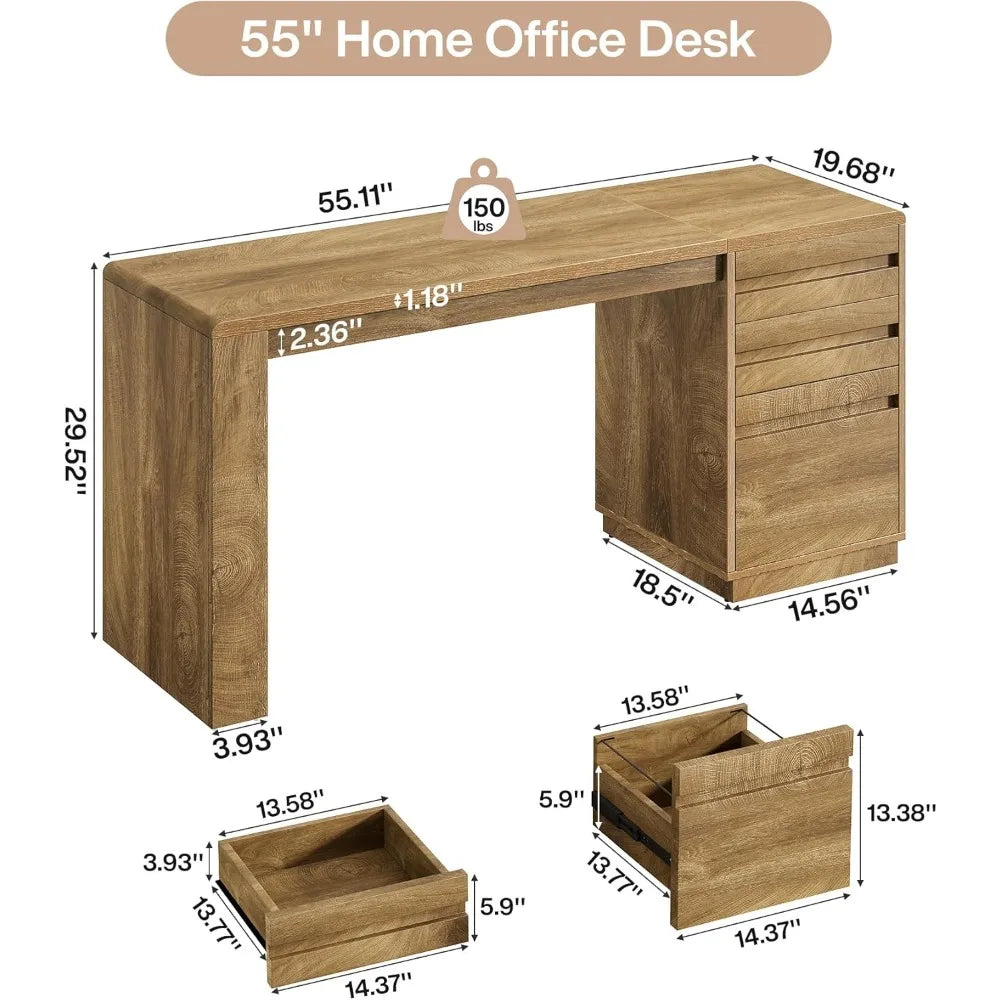 Computer desk with 3 drawers, farmhouse home office desk with storage cabinet, study desk, office workstation, walnut wood