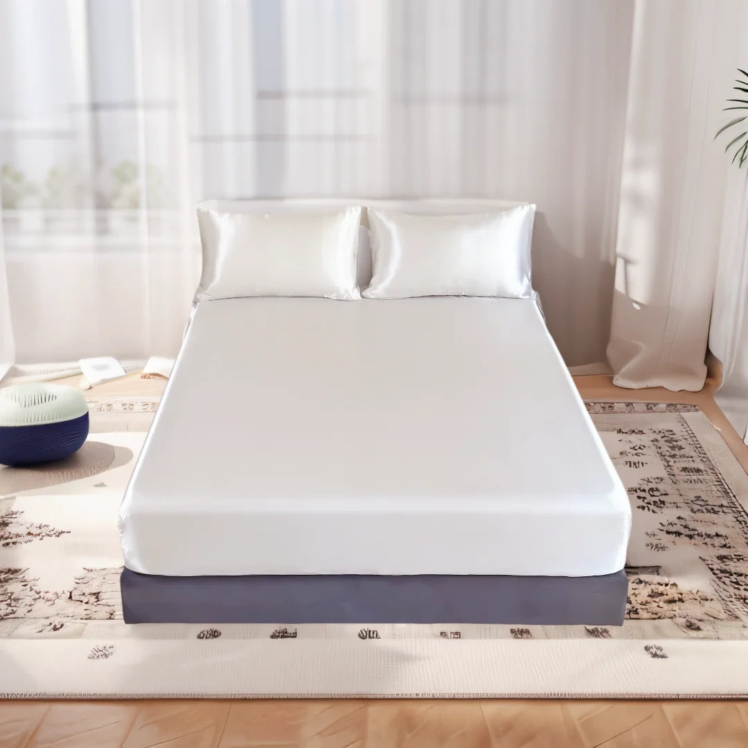 Kuup 3pc Satin luxury Solid Color Bed Fitted Sheet and Pillowcase Upscale Adjustable Mattress Covers 4 Corners With Elastic Band