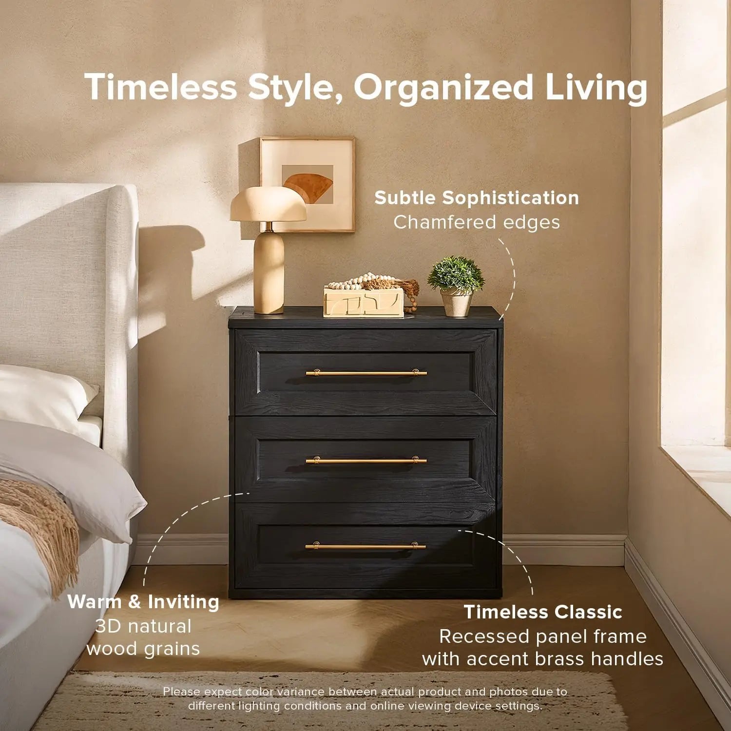 Blake 3 Drawer Dresser for Bedroom, Chest of Drawers, Wood Organizer, Modern Farmhouse, Tall Night Stand, Enhanced Safety