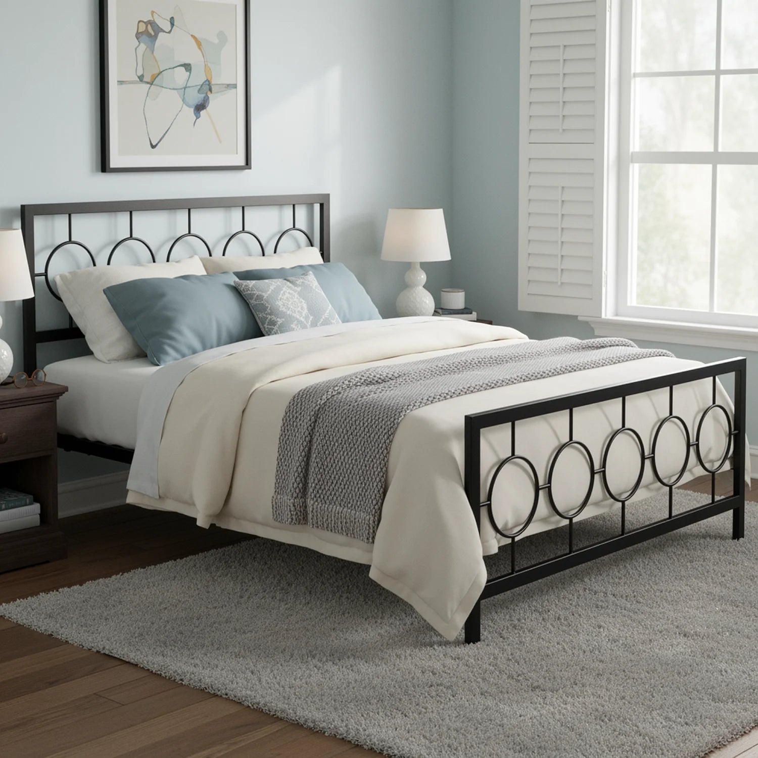 Metal Platform Bed Frame with Vintage Circular Headboard & Footboard, Extra Under-Bed Storage, No Box Spring Needed