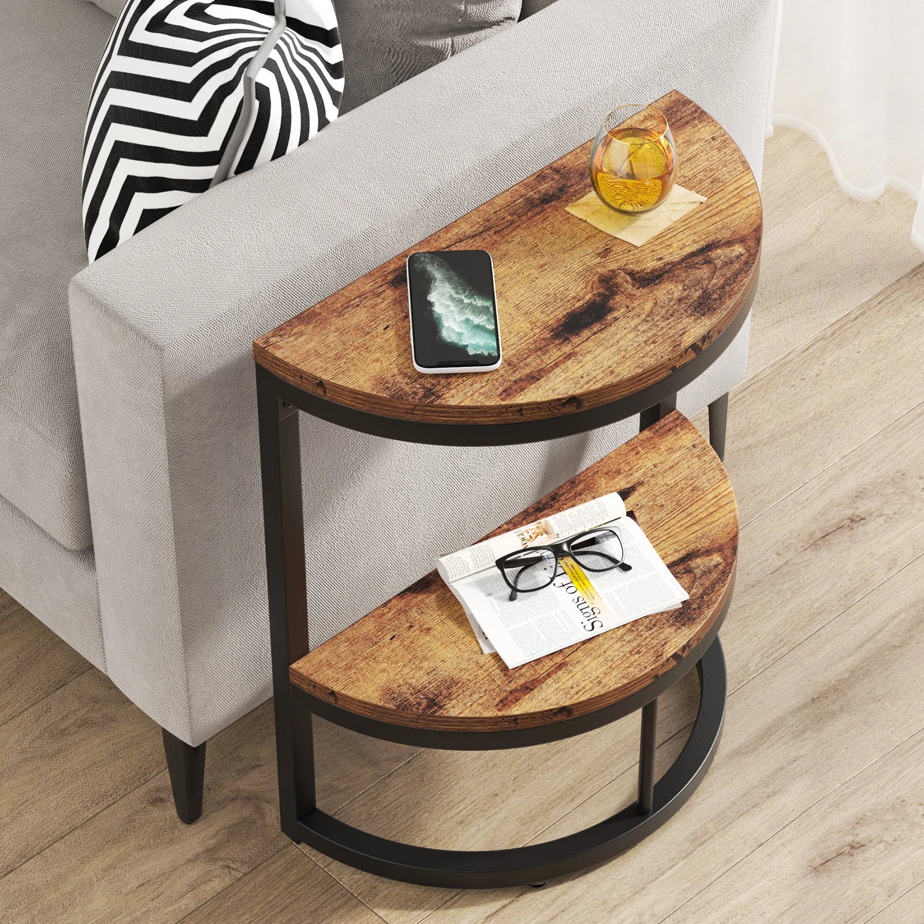 Tribesigns End Table Semi Circle, Small Half Round Side Table with Storage Shelf, Accent Table Slim C Table for Sofa Couch