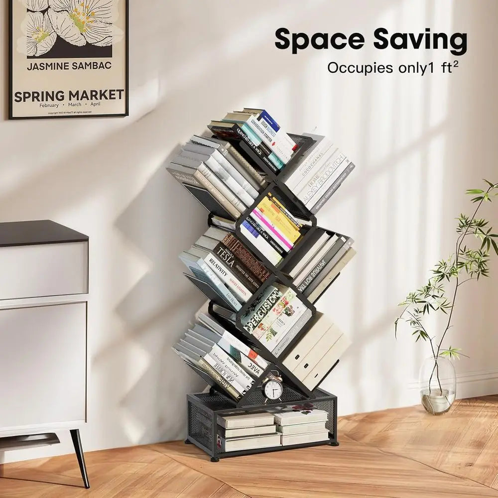 Black Foldable Metal 6-Tier Bookshelf with Storage – No Assembly Required