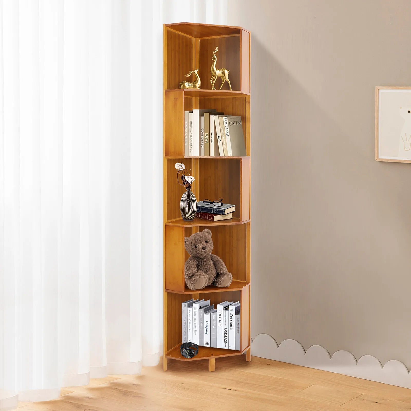 Brown Bamboo Corner Bookshelf – 5-Tier A-Shape Storage Shelf (169 cm)