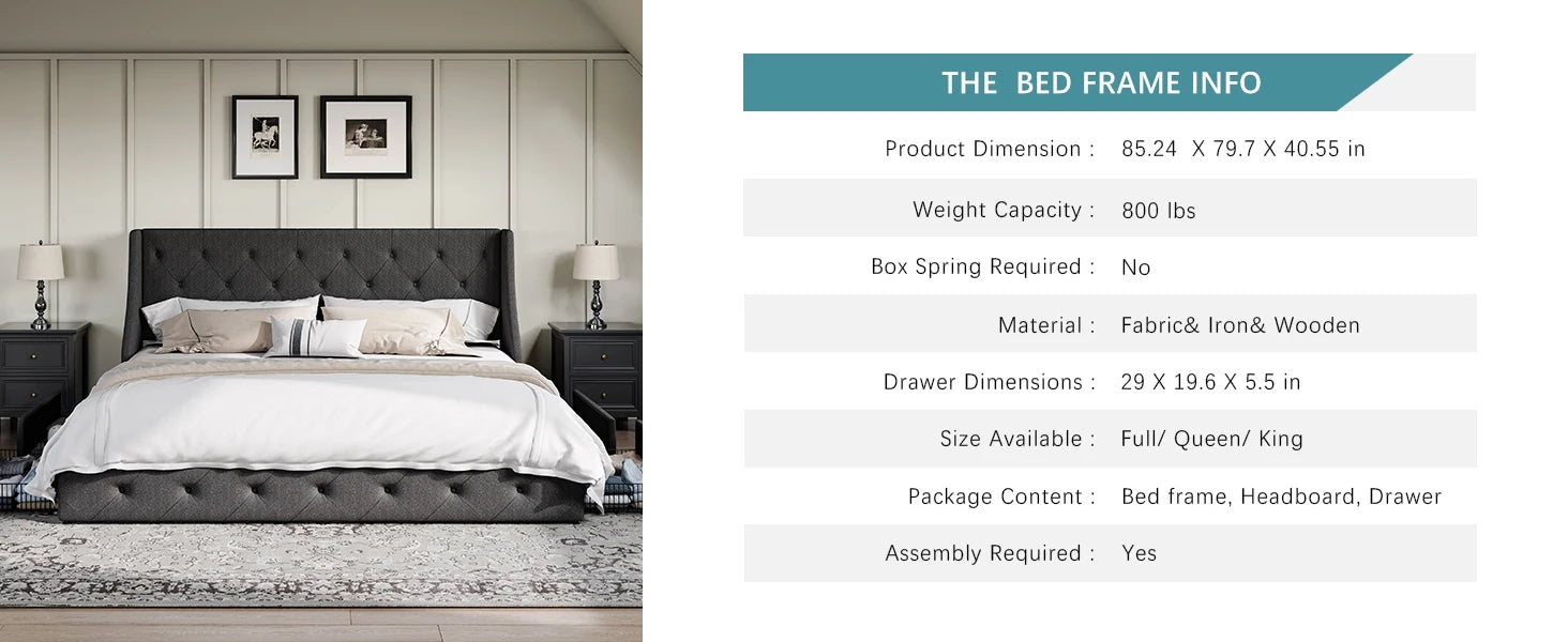 Upholstered Platform Bed Frame with 4 Storage Drawers – Wingback Button-Tufted Headboard