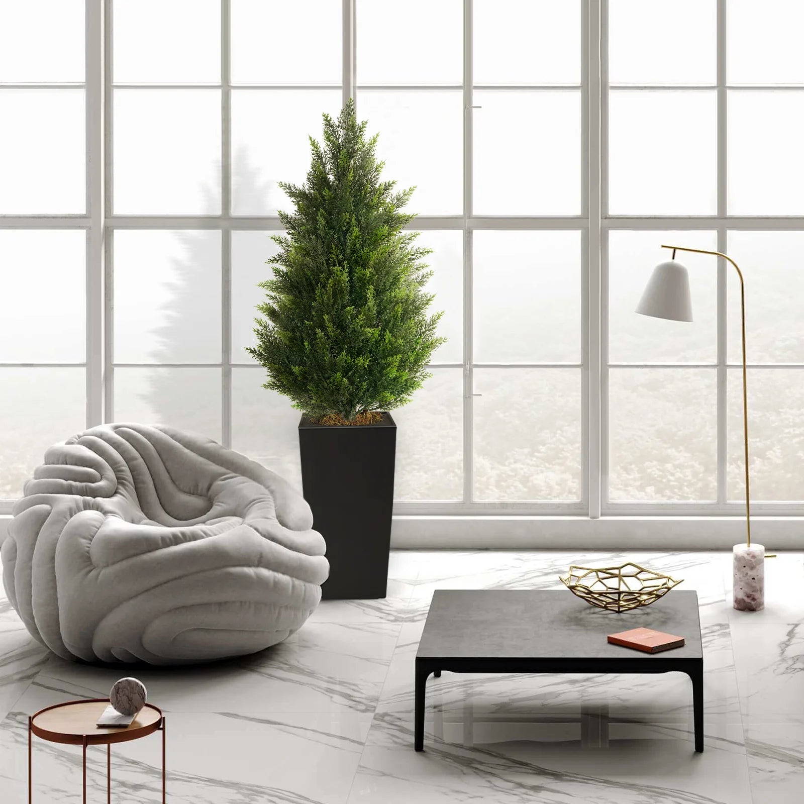 Artificial Cedar Tree 4FT Tall Faux Silk Plant for Home Office Decor Indoor Outdoor Fake Lifelike Potted Tree with Wood Branches