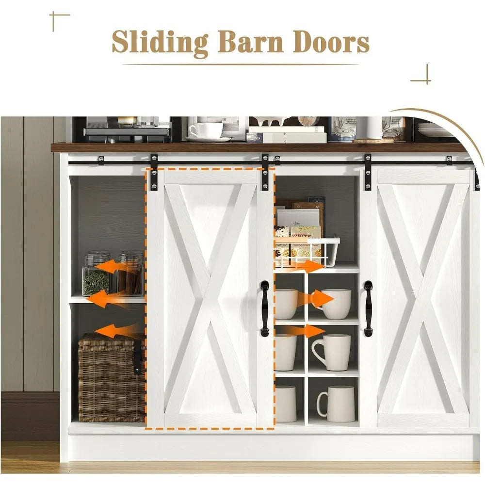 Farmhouse Coffee Bar Cabinet – 67″ Hutch with 3-Tier Storage & Sliding Barn Doors