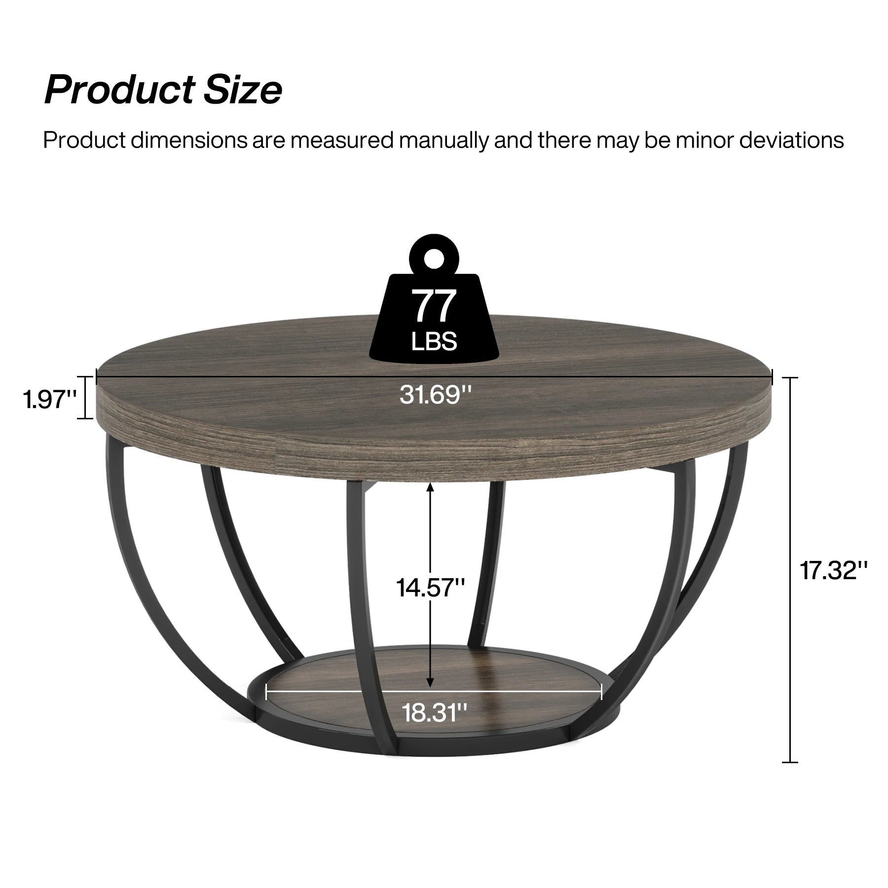 31.7” Round Industrial Coffee Table – 2-Tier Circle Table with Storage Shelves
