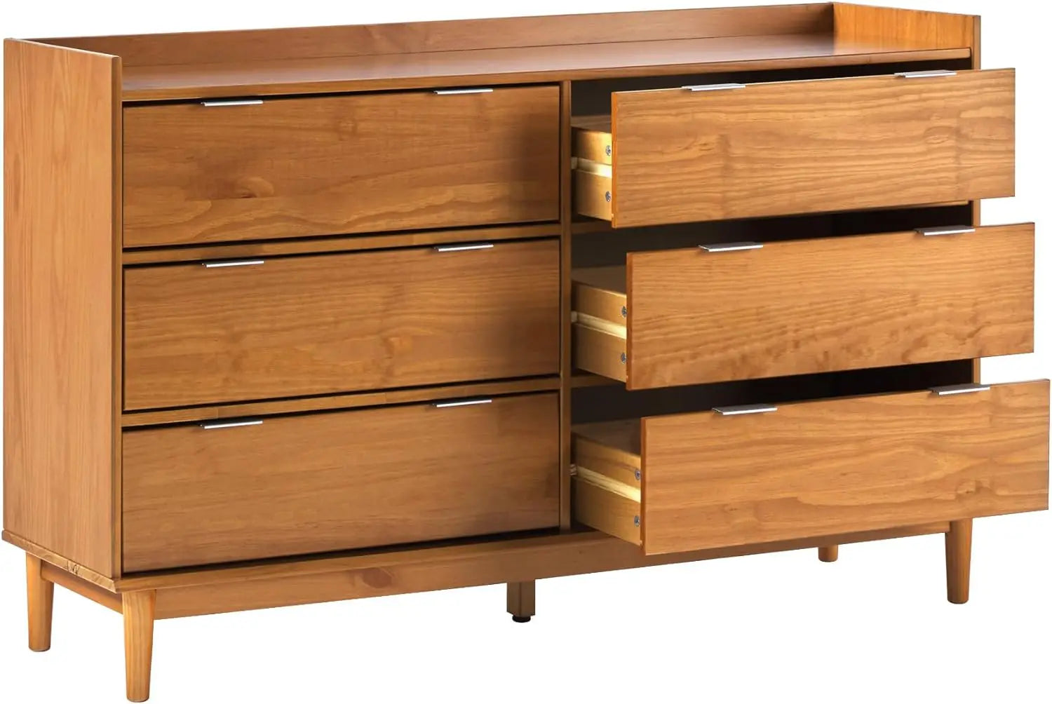 Polay Modern Solid Wood 6-Drawer Dresser with Gallery-Top 55 Inch Caramel