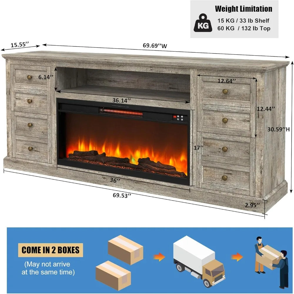 70" Fireplace TV Stand for 80" TVs | 36" Electric Fireplace Console w/ Drawer Storage | Media Center for Living/Bedroom