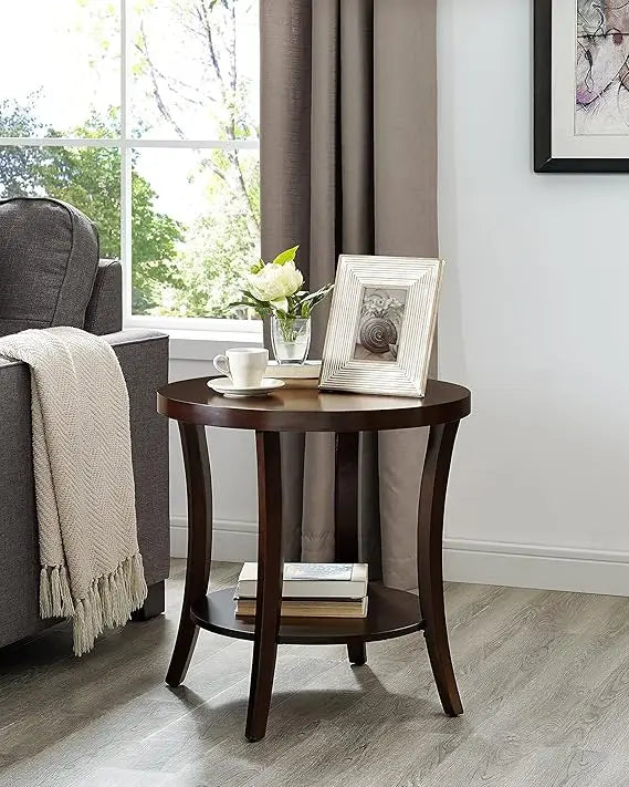 Contemporary Espresso-Finished Round End Table with Lower Shelf