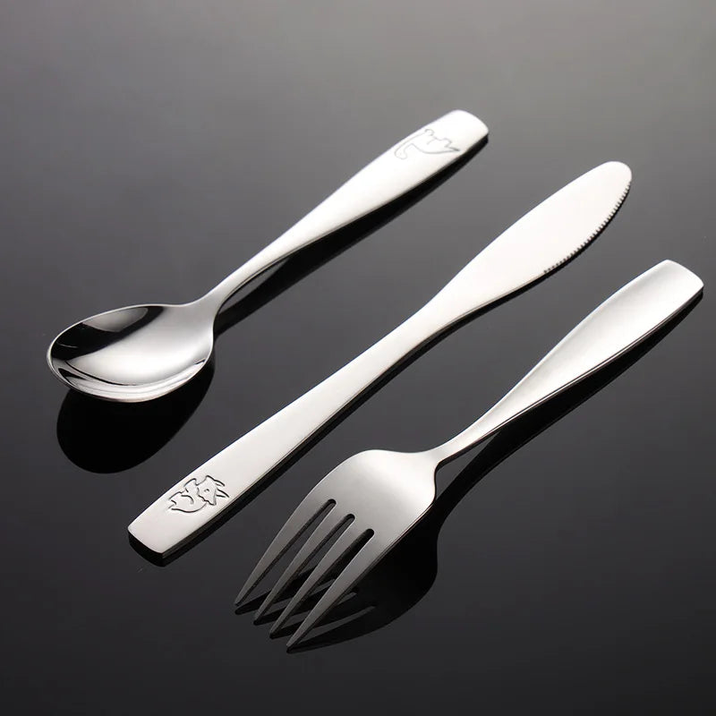 304 Stainless Steel Children's Tableware Set with Pieces Featuring Dinosaur Patterns, Affordable Including Knives Forks Spoons