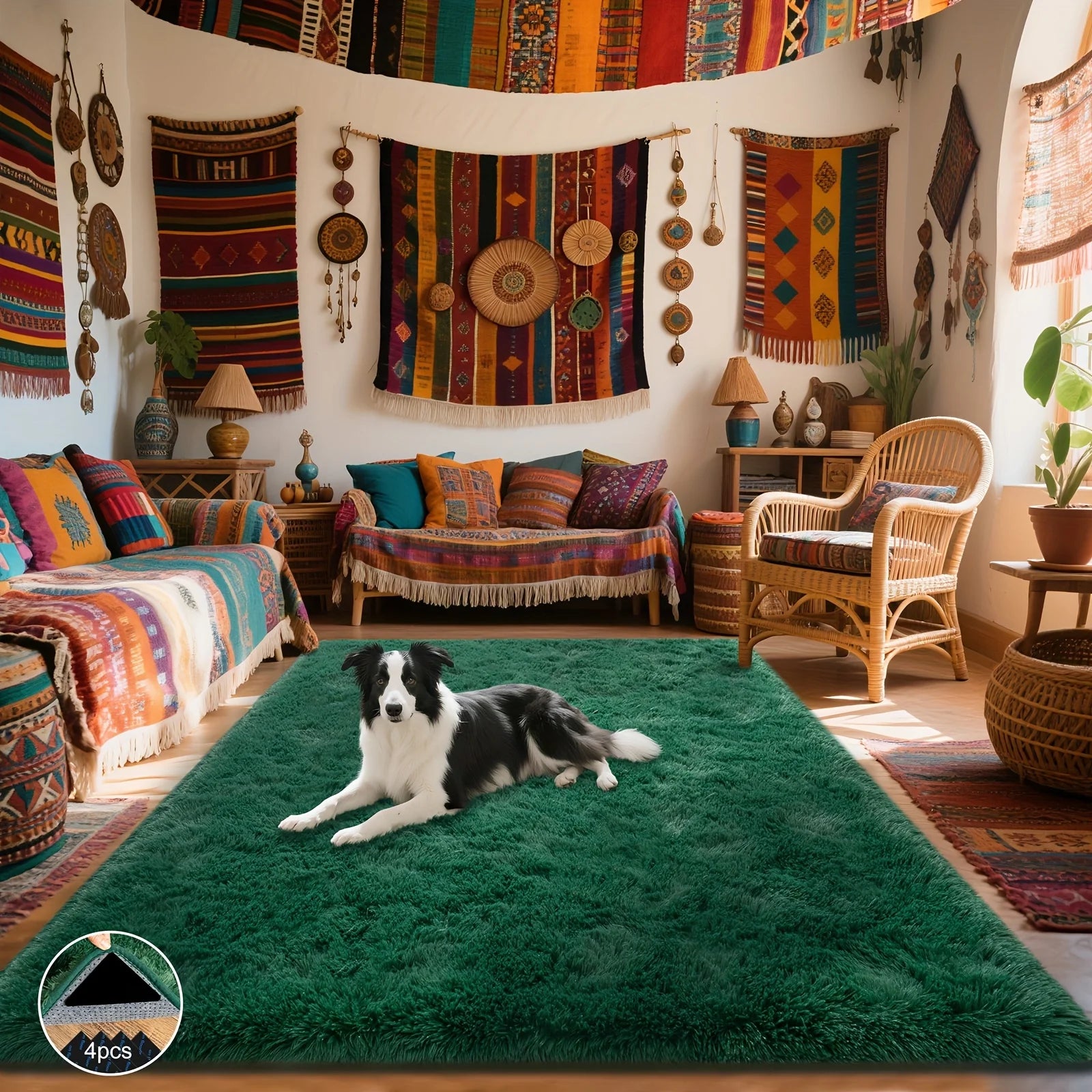 Dark Green Soft Shaggy Non-Slip Rugs for Living Room/Bedroom/Nursery – Luxury Plush Carpet with 4 Rug Stickers, Ideal Room Decor