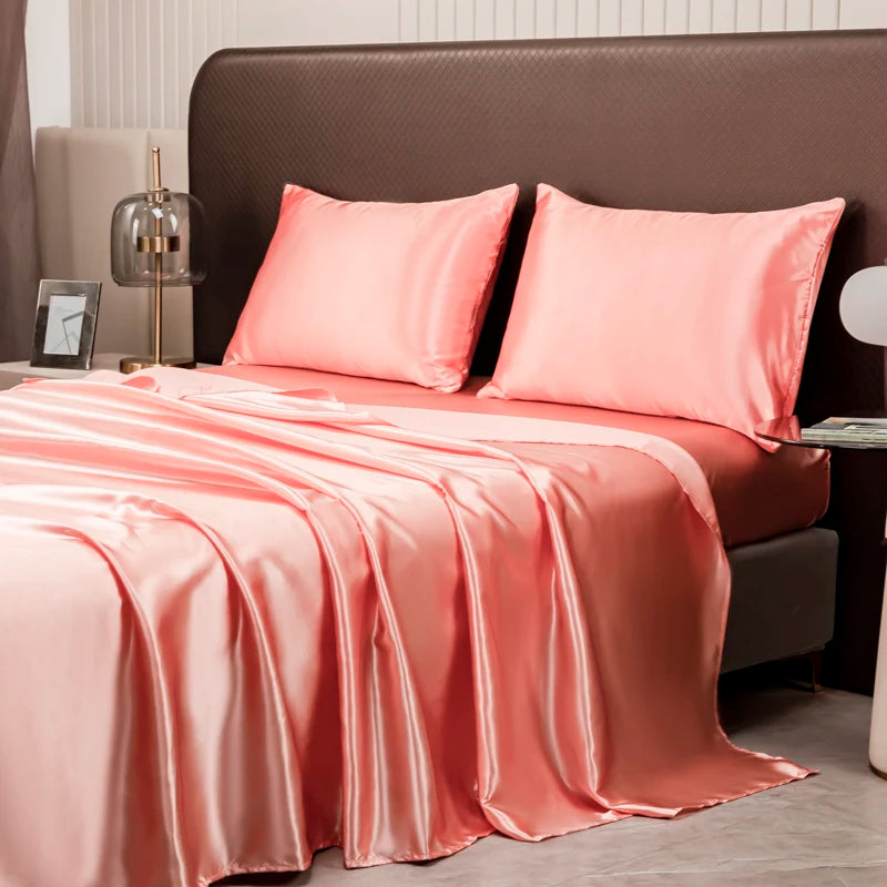 Opulent Solid Color Satin Bedding Set,Includes Flat Sheet, Fitted Sheet, Pillowcases,Luxury Linens for a Royal Sleep Experience
