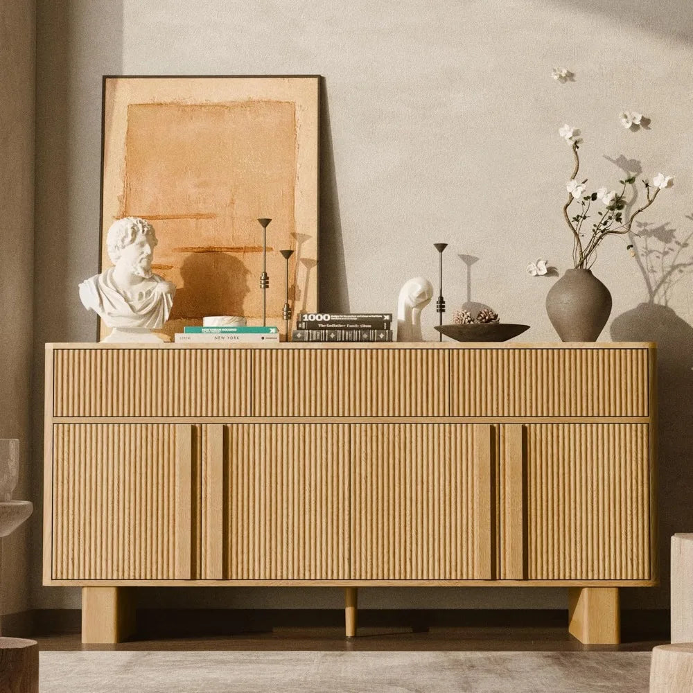 63" Wide Sideboard Buffet Cabinet with Storage, Modern Buffet with 3 Drawers and 4 Doors, Storage Cabinet with 2 Reinforced Legs