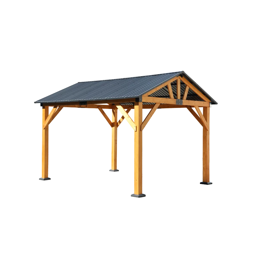 Fir Wood Carport Pavilion Gazebo, Shade, Rain, Hard Top Steel Metal Roof, All Weather Protected, with Galvanized Steel Roof