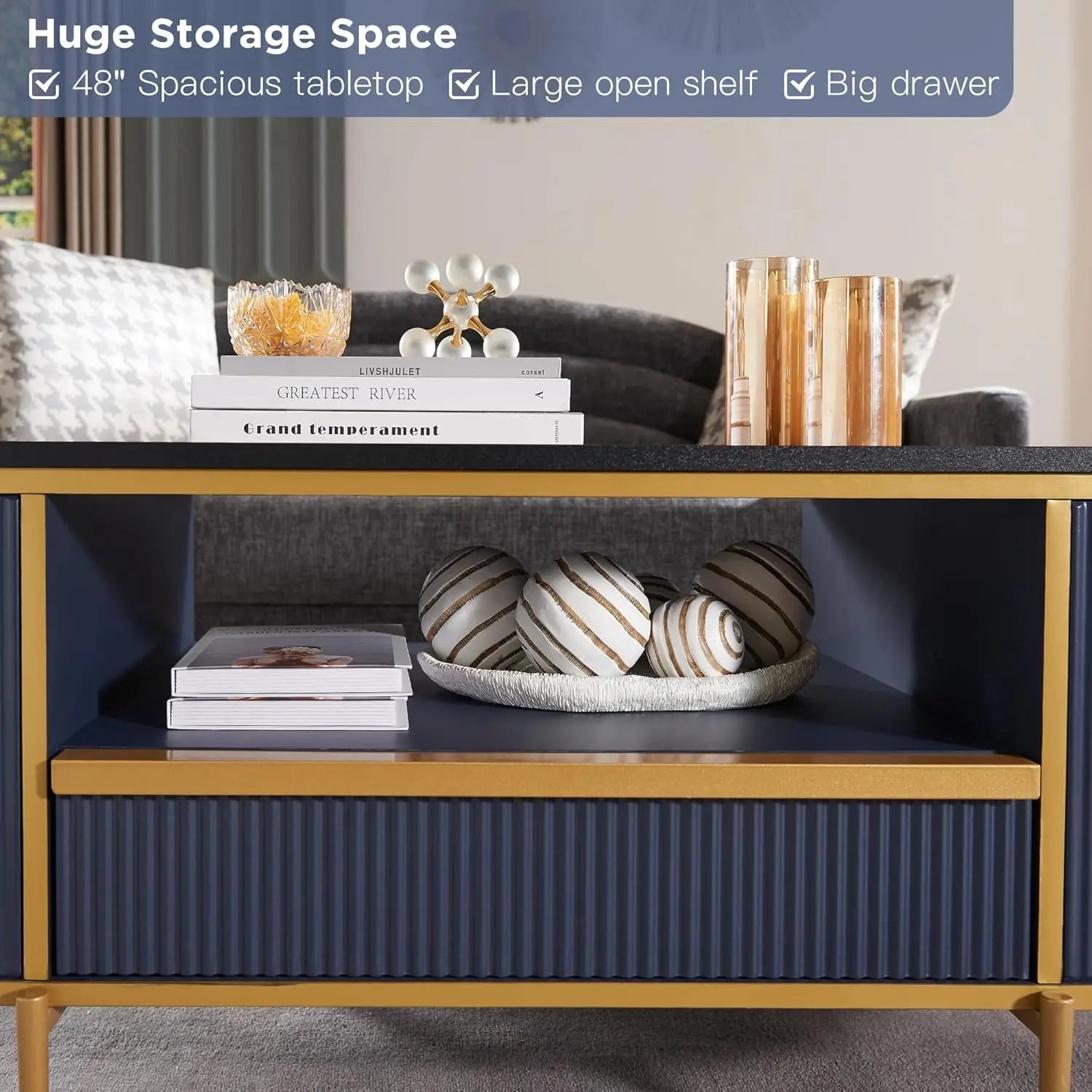 Modern Fluted Oval Coffee Table – 48” Faux Marble Top with Drawer & Gold Accents (Navy Blue)