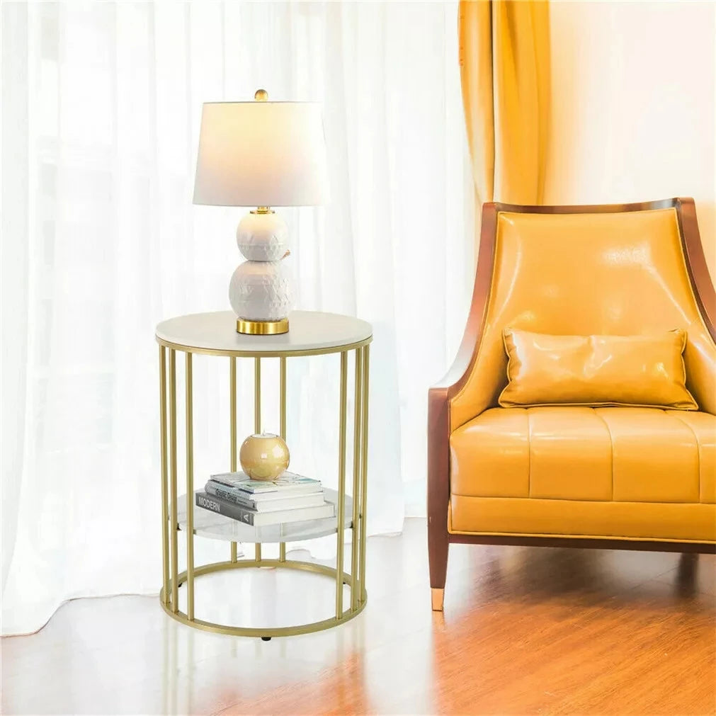 2 Tiers Round Sofa Side Table Sintered Stone Gold Metal Frame End Table Marble Accent Coffee Table Nightstand