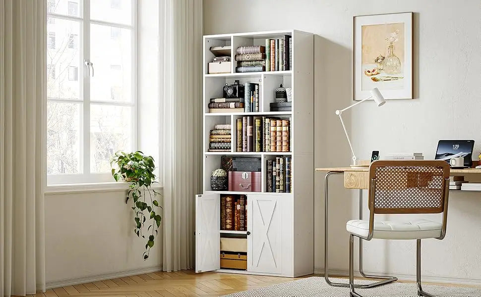 Tall Bookcase with Doors & 8 Open Cubes – Storage Bookshelf for Living Room, Bedroom & Office