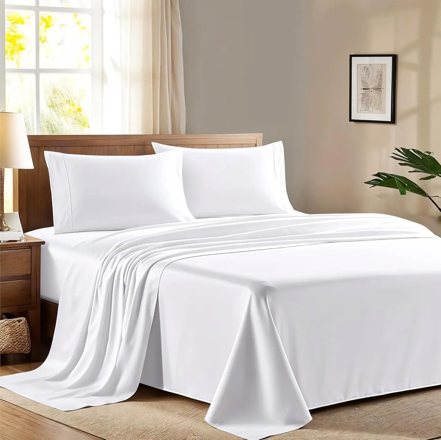 Sheets 100% Egyptian Cotton Full Size Sheet Set- for Full Size Bed (4 Pc, White),16" Deep Pocket Sateen Weave Bedsheet