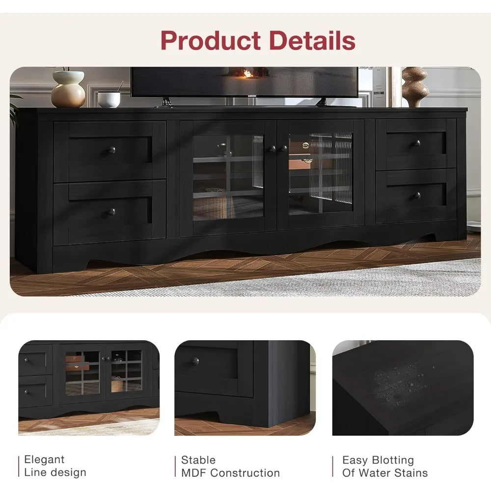 70" Modern TV Stands for for Living Room, Entertainment Center with 4 Large Drawers, Wood TV Console with Glass Door Storage
