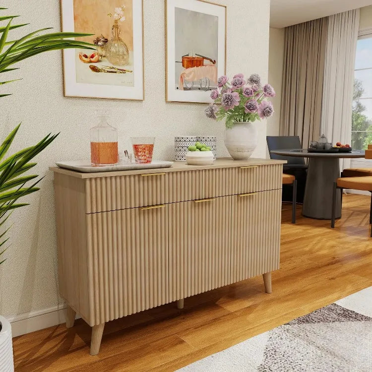 Large Coffee Bar Fluted Sideboard Buffet Cabinet Storage 2 Drawers Large Sideboard Cabinet Storages Geometric Pattern Furniture