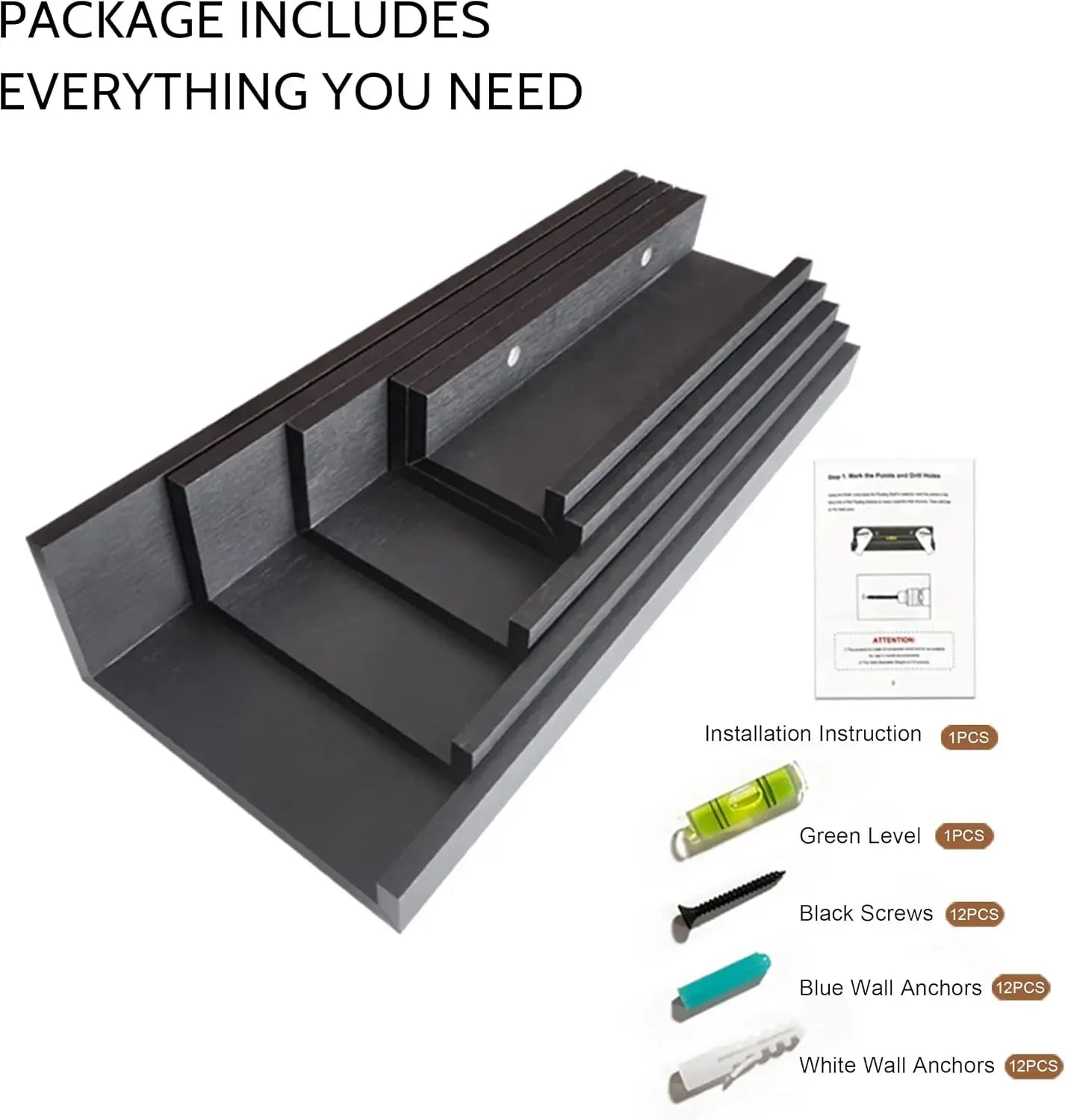Black Floating Shelves | Set of 5 | Wall Shelf | Wood Bathroom Shelves | Bedroom | Living Room | Kitchen | Office & More (Black