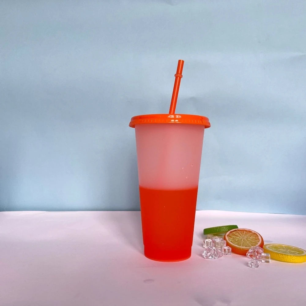 New 24oz 10Pcs Color Changing Cups with Lids and Straws 710ml Plastic Tumblers Cute Iced Coffee Cup Reusable Cups Bulk