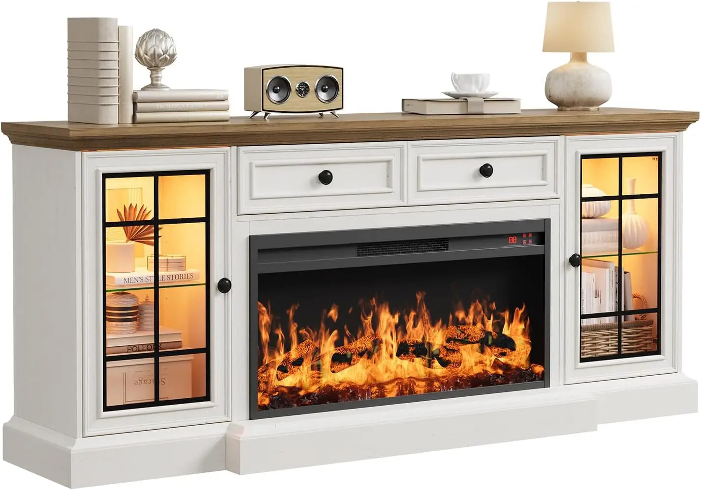 Fireplace TV Stand Up to 80" TVs,70'' Modern Entertainment Center with 36" Electric Fireplace&LED Lights,Farmhouse Media Console