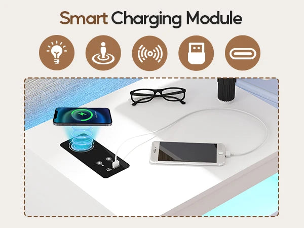Nightstand with Wireless Charging Station, LED Nightstand Has Adjustable Rotary Workstation,Smart Night Stand
