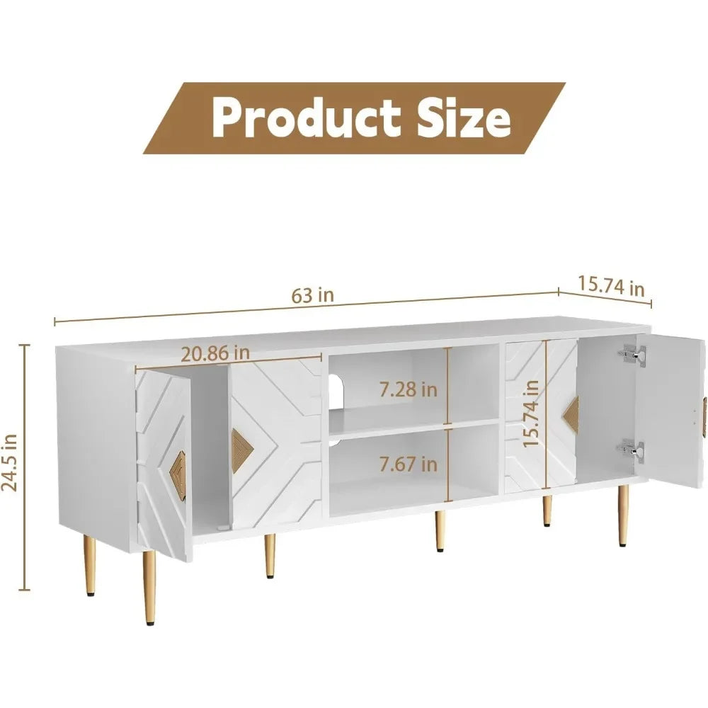 63'' White TV Stand for 65/70/75 inch TV, Entertainment Center with Storage Cabinets and Embossed Pattern Doors, Mid Century Mod