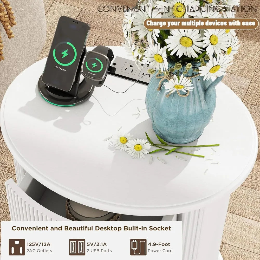 White 3-Drawer Wood Nightstand with Charging Station and Storage for Bedroom