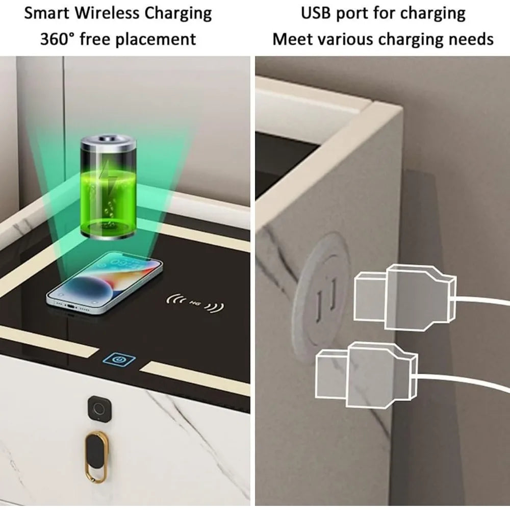 Contemporary 3-Drawer Nightstand with Built-in Charging Station and LED Lighting, featuring Fingerprint Security Lock