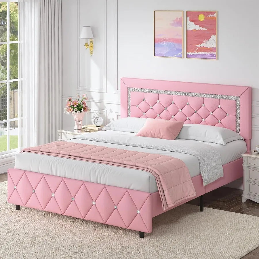 Pink Queen Faux Leather Upholstered Bed Frame – Diamond Headboard Platform Bed