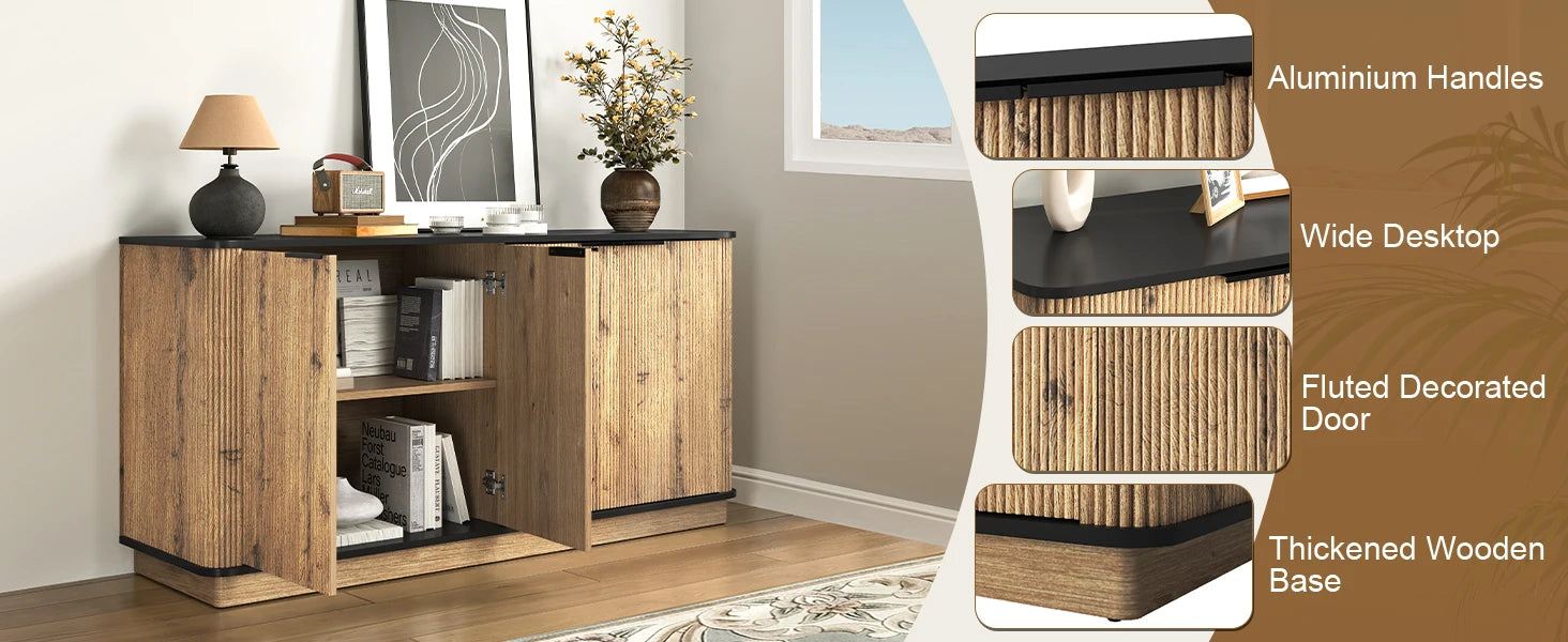 Sideboard Buffet Cabinet with Storage,59'' Walnut Fluted Kitchen Storage Buffet Cabinet with 4 Doors,TV Stand Accent Sideboard