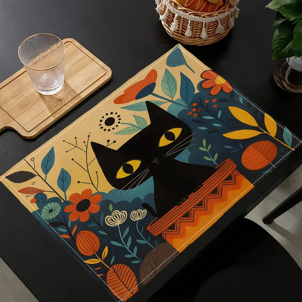 1PC Black Cat and Floral Placemats Washable Heat Resistant 30x40CM Floral Watercolor Multicolor Linen Fabric Table Place Mat7.14