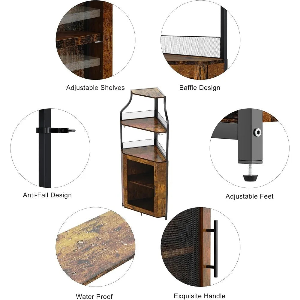 Corner Bar Cabinet – 5-Tier Industrial Wine & Liquor Cabinet with LED Lights