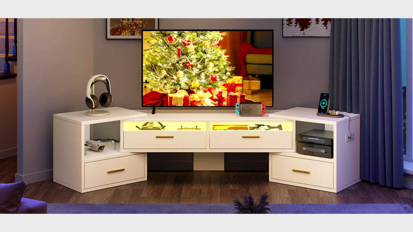 Deformable TV Stand with LED Strip & Power Outlets for 60/65/70/75 inch TVs