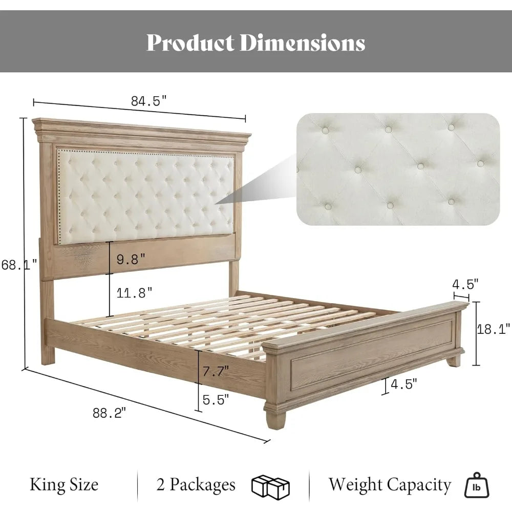 King Size Solid Wood Farmhouse Bed Frame – Upholstered Headboard, Architectural Design