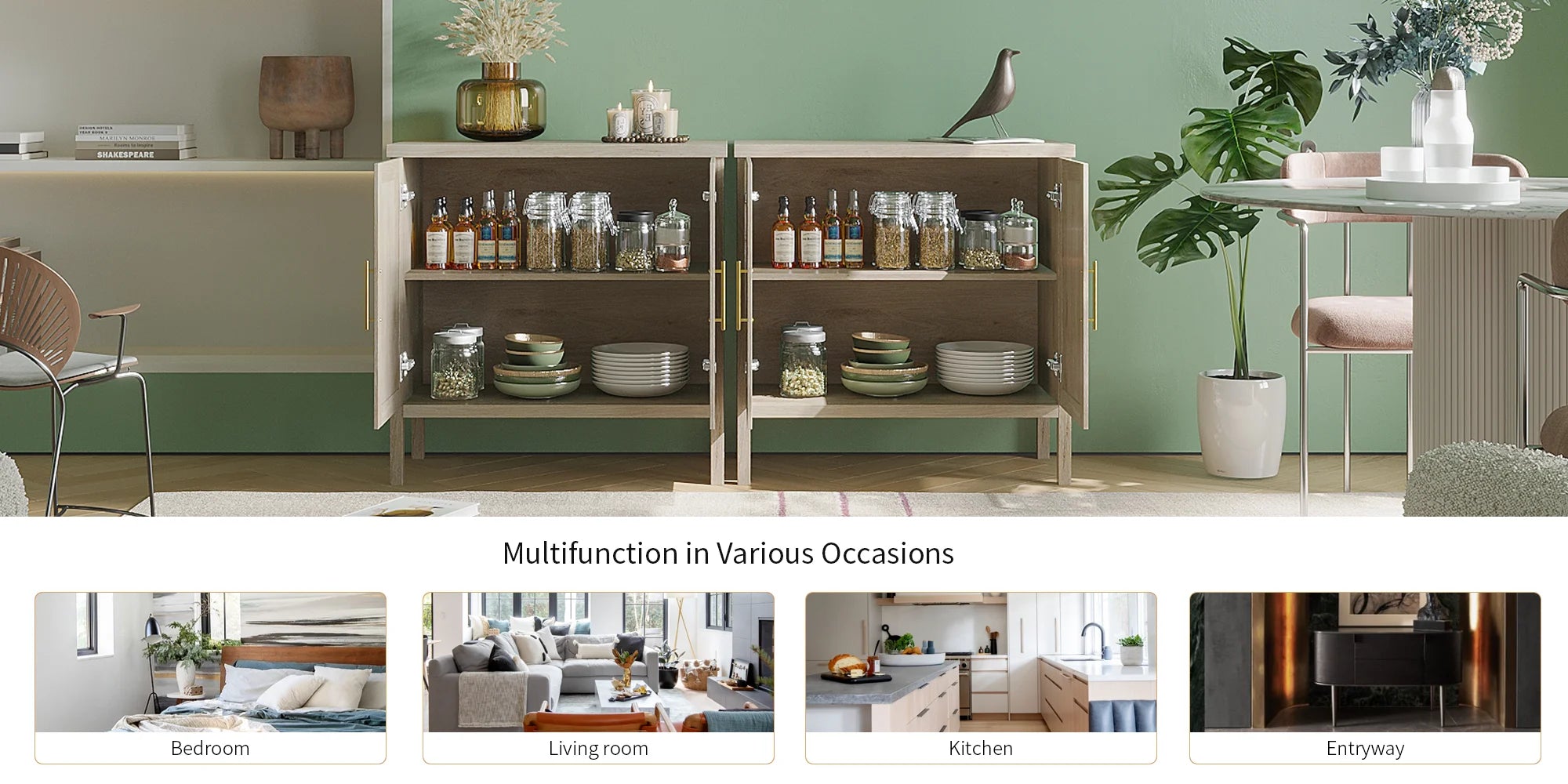 Rattan Storage Cabinet, Buffet Cabinet Sideboard with Rattan Decorated Doors, Cupboard for Hallway, Entry, Living Room