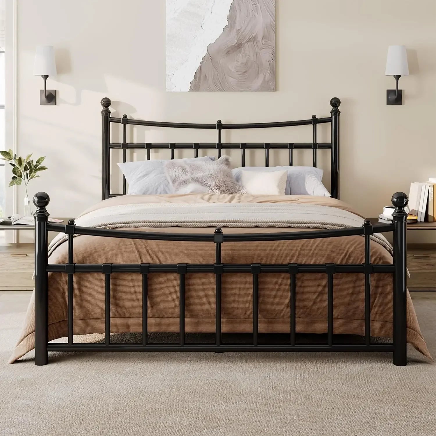 Metal Platform Bed Frame with Classic Wrought Iron Headboard & Footboard