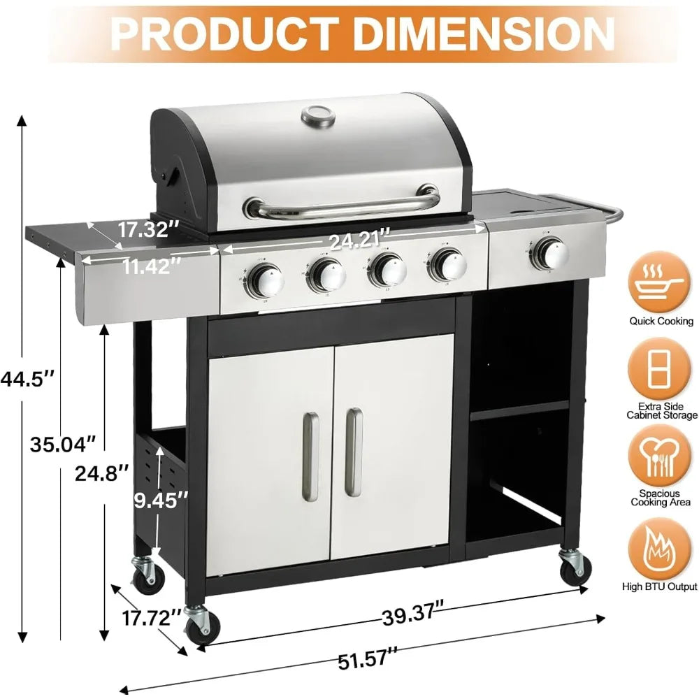 Stainless Steel 4-Burner Propane Gas Grill with Side Burner and Cabinet, 49,000 BTU Output, Porcelain-Enameled Cast Iron Grates